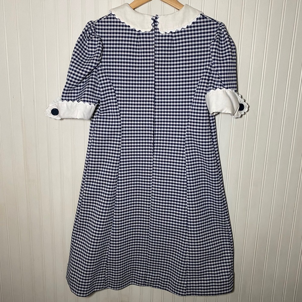 Handmade Vintage Navy White Houndstooth Scalloped Collar Dress Kitschy Mod - M/L - Picture 6 of 12